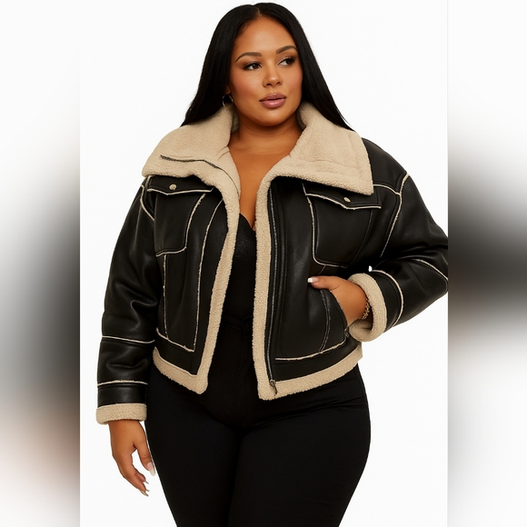 Jackets & Blazers - Faux Leather Sherpa Lined Aviator Jacket Size XL